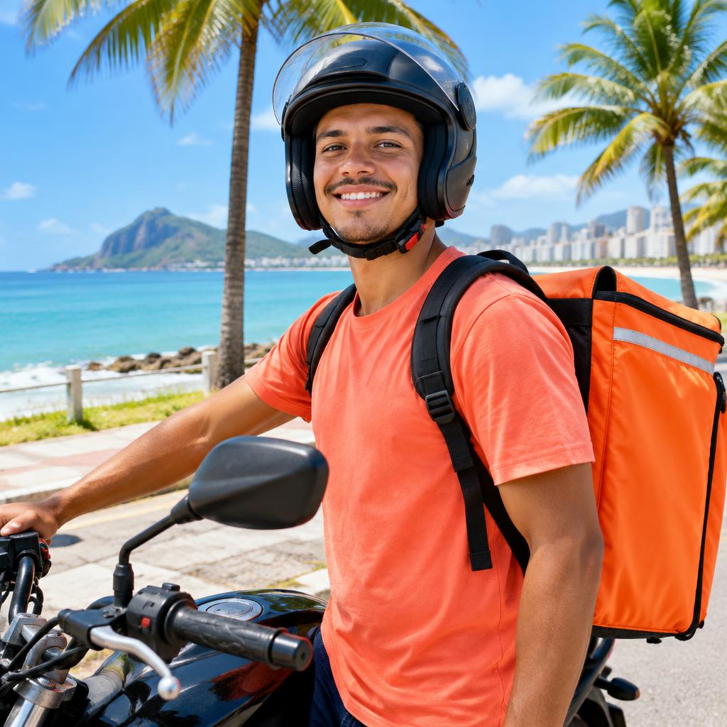 Entregador com mochila e motocicleta próximo ao litoral