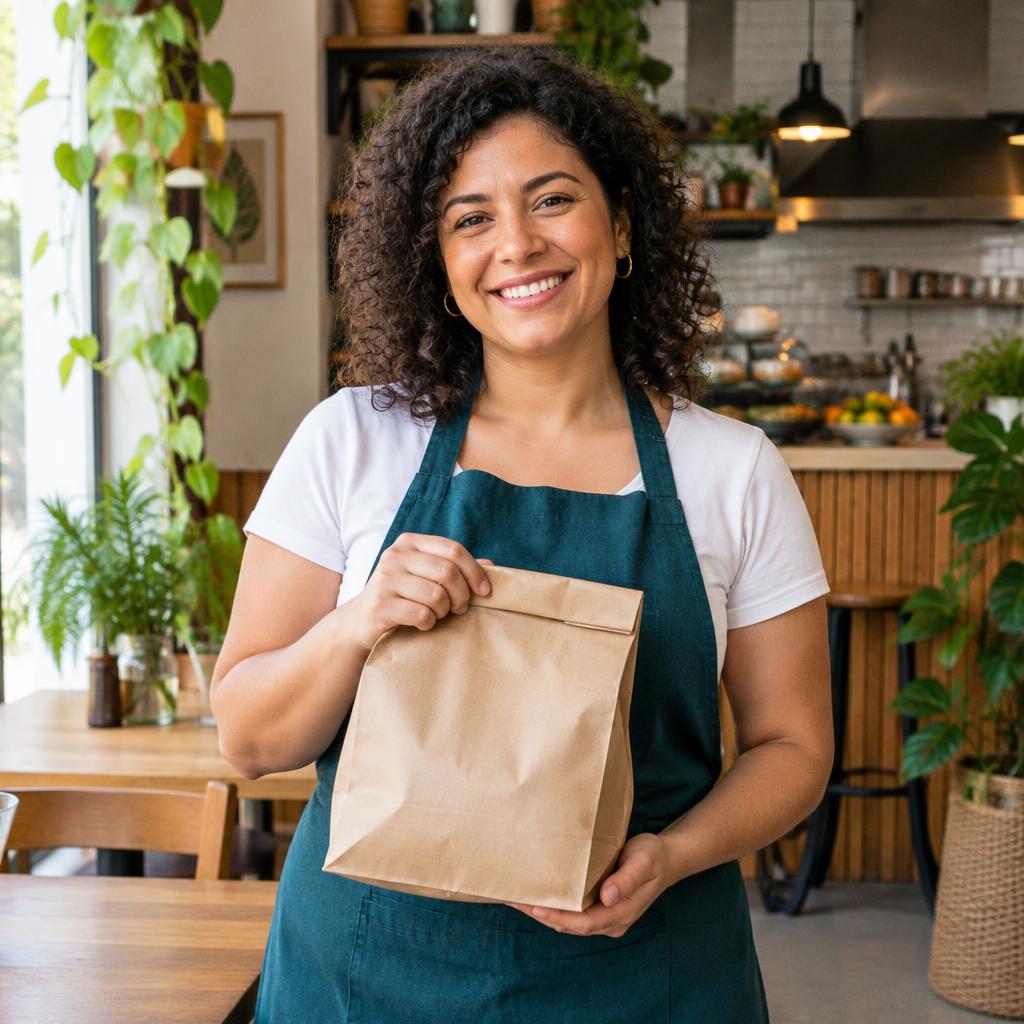 Comerciante sorrindo com uma embalagem para entrega em seu restaurante